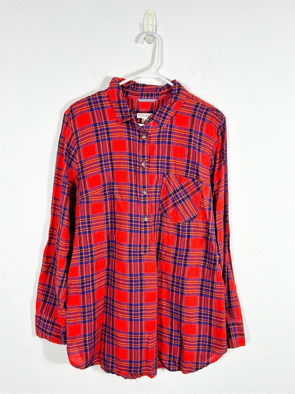 Merona Red Blue Plaid Flannel Button Up Popover Tunic Shirt Top XXL